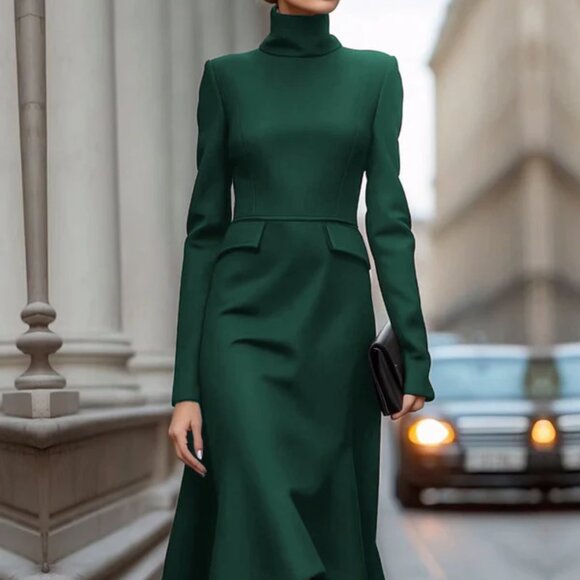 NEW UOOZEE Long Sleeves Skinny Solid Color High Neck Midi Dress Dark Green Large - Picture 1 of 6